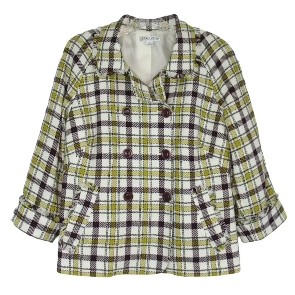PENDLETON Plaid Tweed Jacket Double Breasted Fringe Trim Women’s Size 12